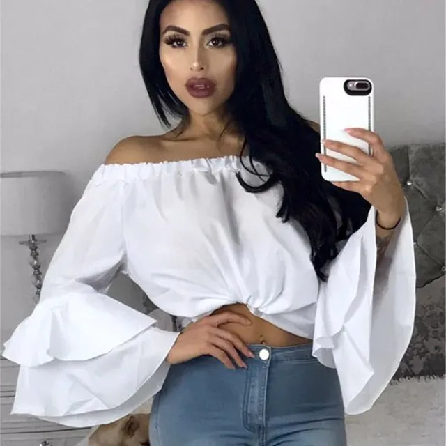 Pofunuo 2017 Women sexy long flare sleeve off shoulder chiffon blouse ...