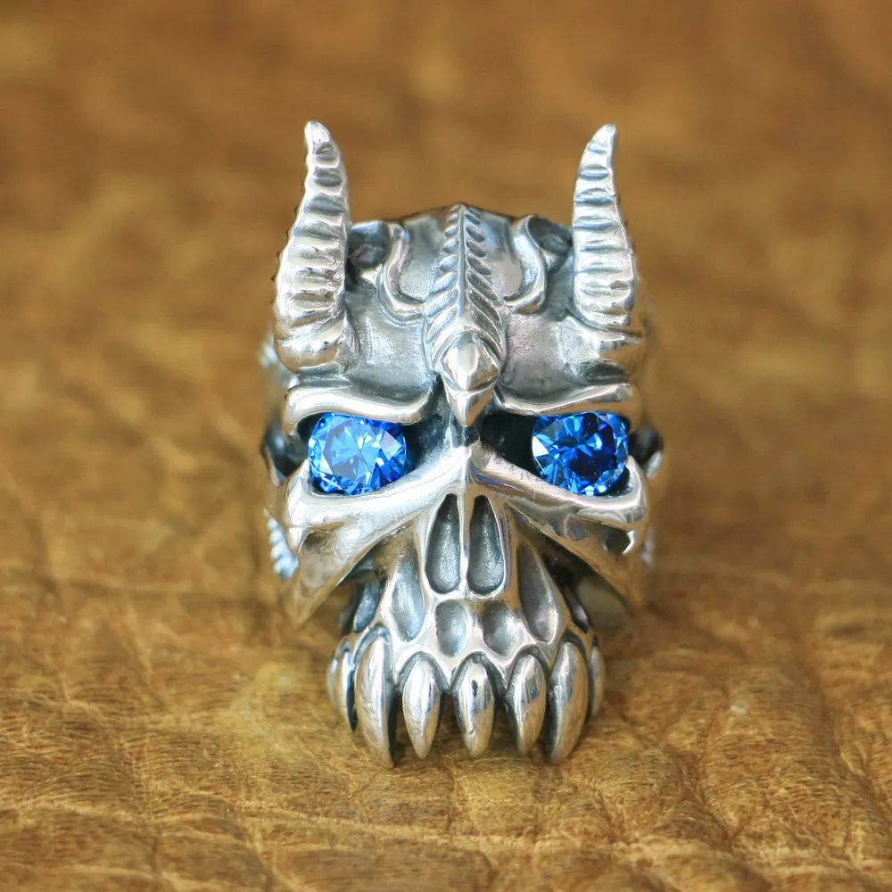 

LINSION 925 Sterling Silver Bison Horn Devil Demon CZ Eyes Skull Mens Biker Ring TA127 US Size 7~15