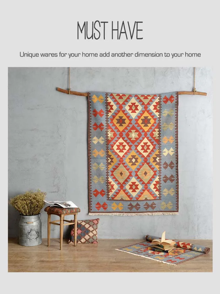 Clearance Kilim 100% wool handmade Carpet geometric Indian Rug plaid striped Modern contemporary tapestry mat design Bohemian Nordic style 10