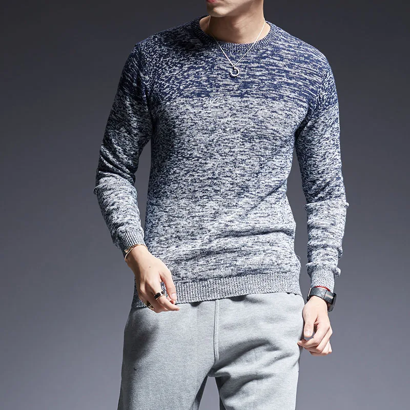 Новинка, модные брендовые свитера, мужские пуловеры с круглым вырезом, Облегающие джемперы, вязаные, теплые, толстые, зимние, корейский стиль, повседневная мужская одежда - Цвет: Синий