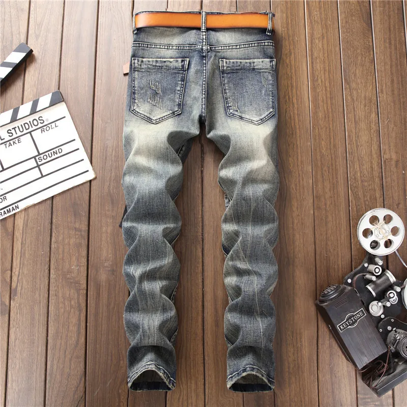 Newsosoo Модные мужские уличные рваные джинсы, брюки, индивидуальная потертая заплатка, джинсовые брюки, мульти молнии, узоры, вышивка
