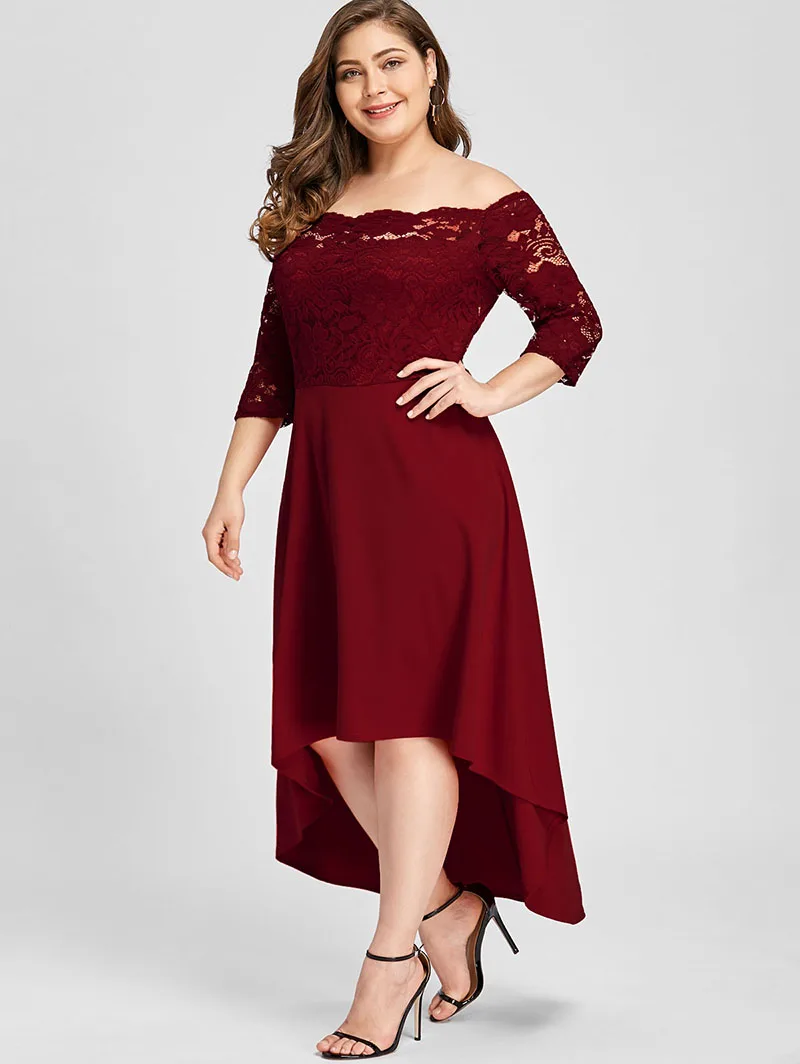 PlusMiss размера плюс 5XL 4XL с открытыми плечами цветочное кружевное элегантное вечернее платье винтажное Ретро красное черное длинное платье для женщин большого размера
