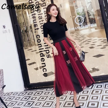 

Comelsexy 2 Piece Set 2019 Summer Women Black Knitted Sweater T-shirt Top+ Mesh Long Skirts Patchwork Red Letter Skirt Suits
