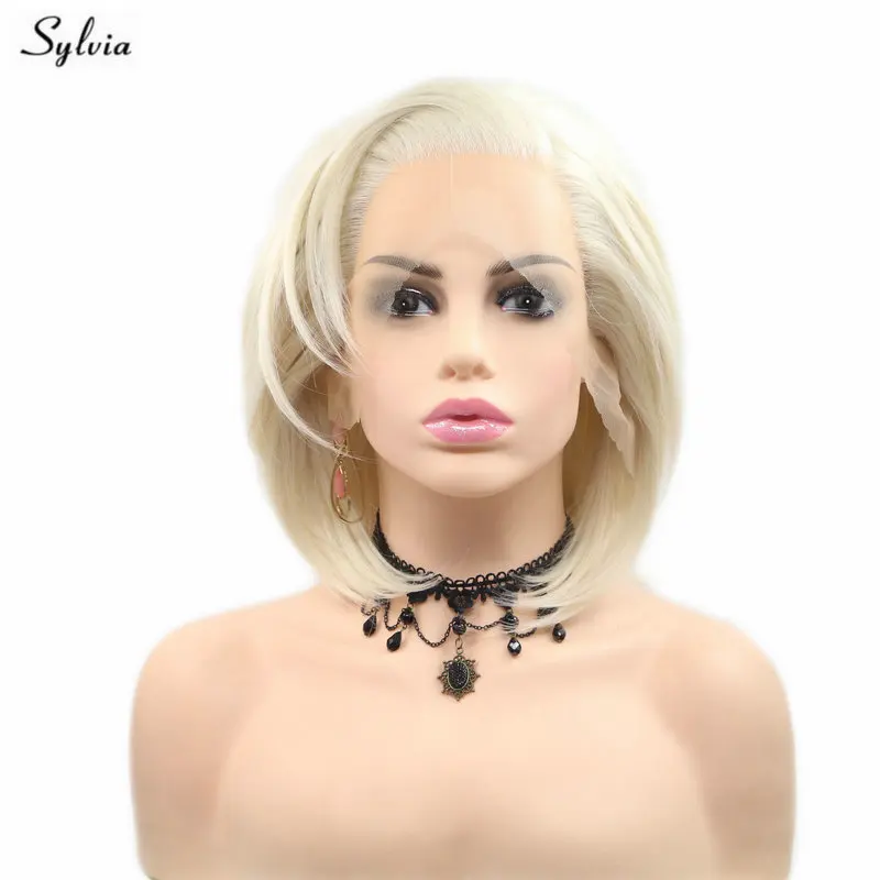 Sylvia 1" короткий боб парик натуральный прямой платина/Блонд синтетический парик на кружеве Высокая температура волокна косплей парик для женщин