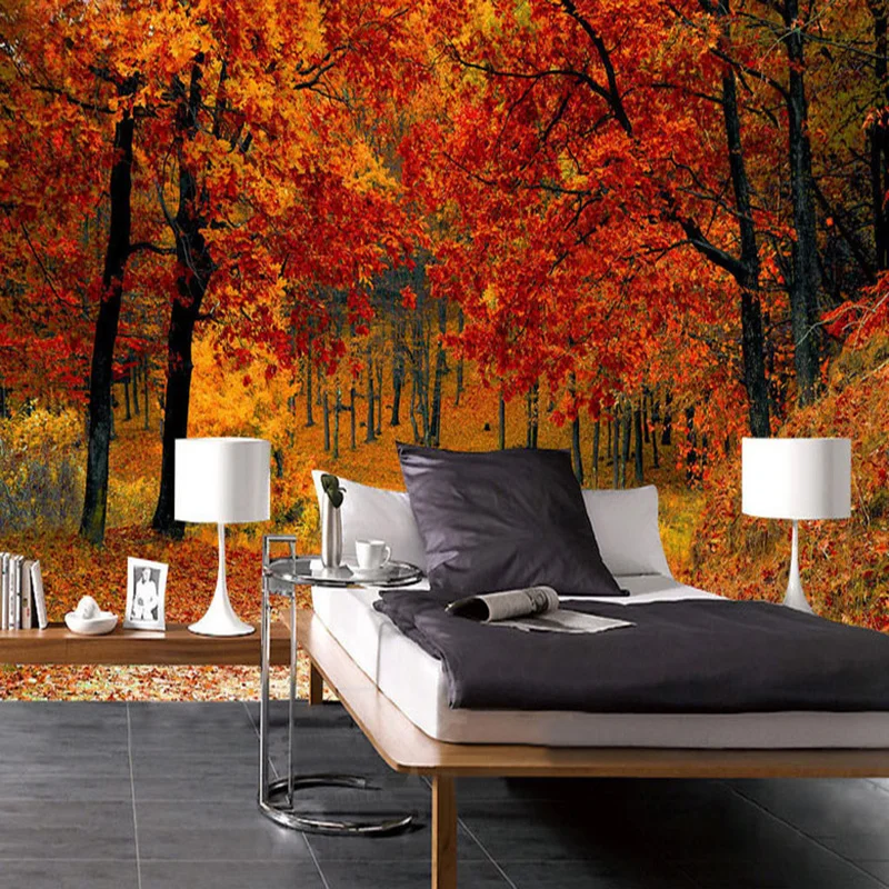 Red Maple Forest Path Photo Mural Wallpaper Modern Beautiful Living Room Bedroom Backdrop Wall Murals Home Decor Papel De Parede