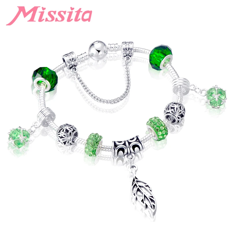 

MISSITA Original Green Leaf Charms Bracelet with Green Crystal Beads Brand Bracelets for Women Anniversary Jewelry Gift