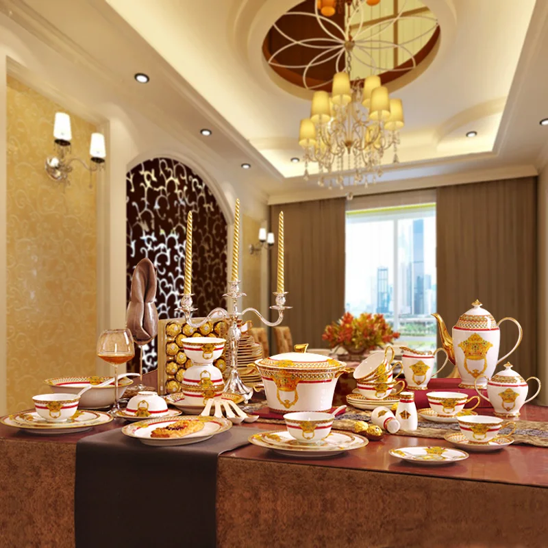 

Porcelain dinnerware set bone china fashion home furnishing outline in gold 58pcs dinnerware sets dinner set coffee set gift