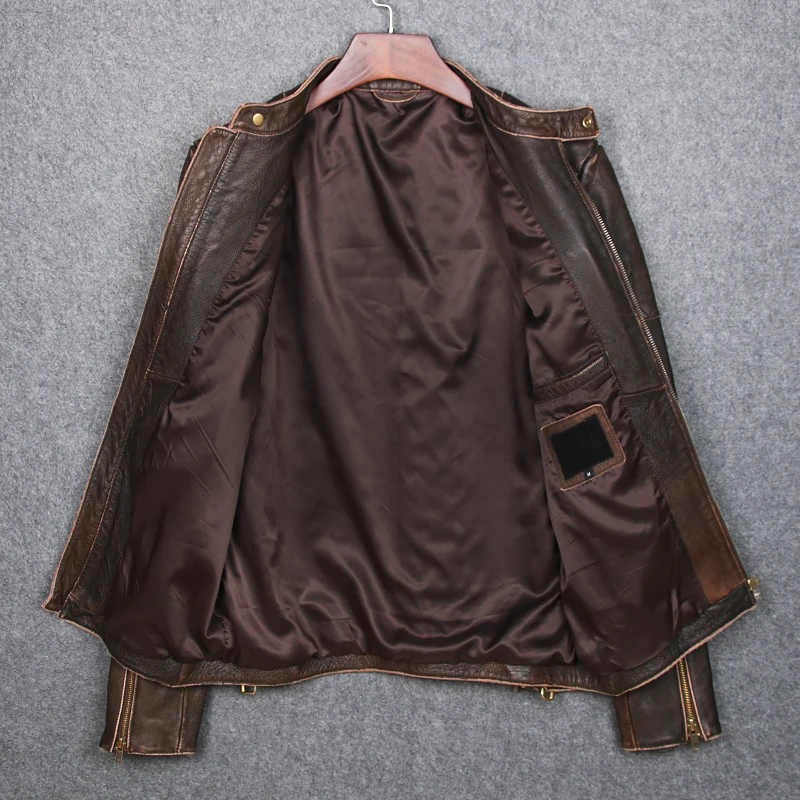 Brun De Cuir Bord Livraison En Broyage Slim Manteau Véritable Homme Vache Veste Vintage Gratuite Nwmn80v