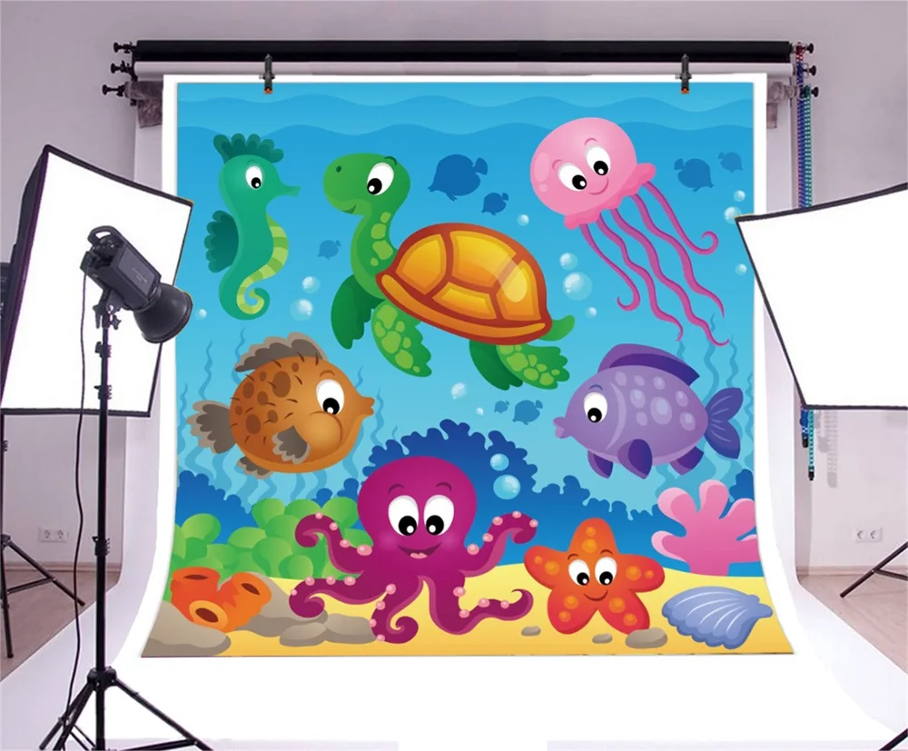 Laeacco Baby Birthday Party Underwater Fish Tortoise Photography Backgrounds Customized Photographic Backdrops For Photo Studio