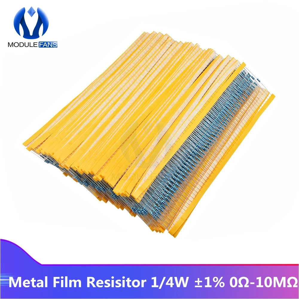 

500PCS Metal Film Resistor 1/4W 0.25W 0Ohm-10Ohm 0R-10M 100R 200R 1K 1.5K 2K 3K 10K 100K 1M 2M 3M 10M Ohm Resistance 1% +1% -1%