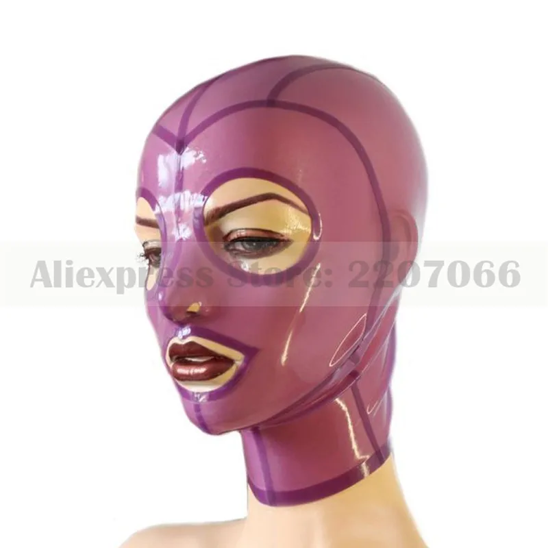 

Transparent purple unisex latex rubber hoods mask with eyes mouth nostrils opened handmade hood RLM004