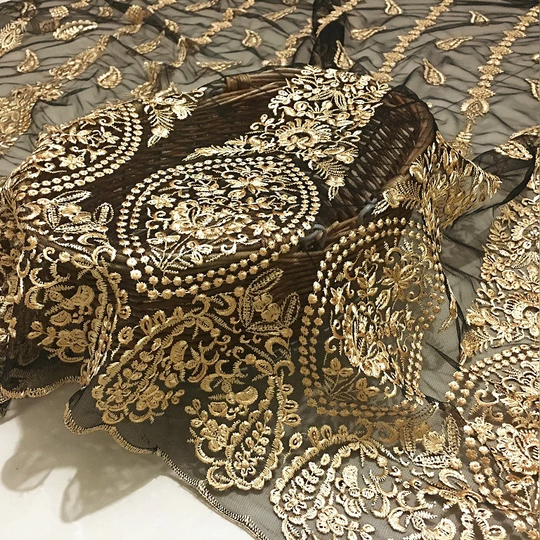 

1meter Gold Floral Embroidery Lace Trim Fabric For Women Wedding Dress French African Decoration Lace Trim Sew On Accessories