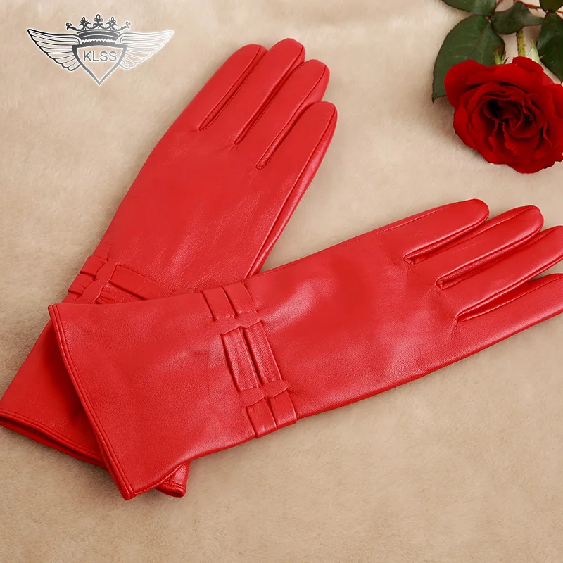 Women Leather Gloves Fashion Genuine Leather Gloves Top Quality Red Wrist Goatskin Gloves Winter Sheepskin Driving Gloves 703