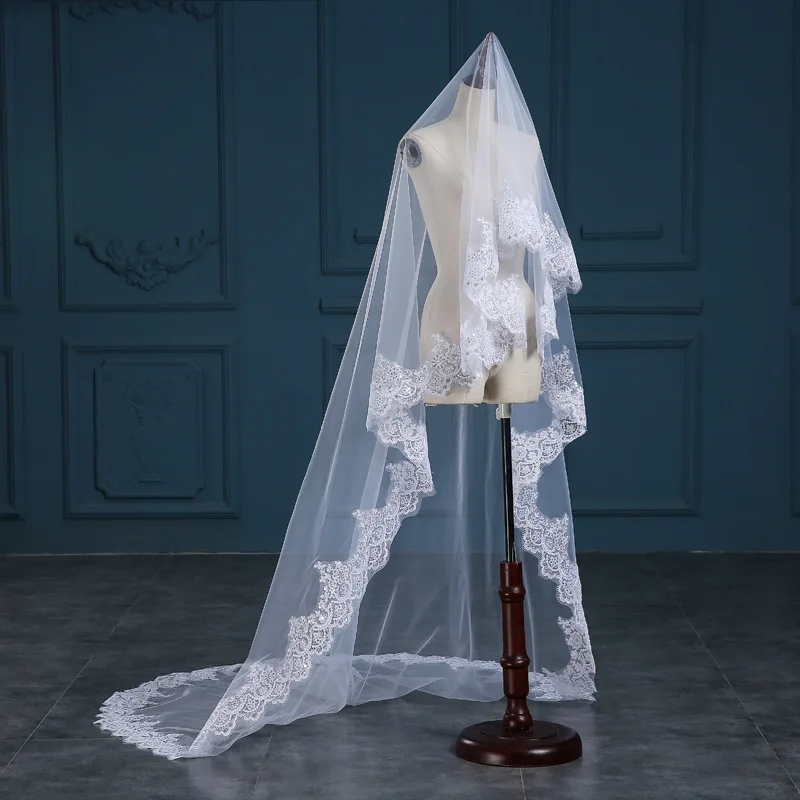2017-New-Arrival-3-meters-Long-Lace-Appliques-Wedding-Bridal-Veil-White-and-Ivory-Tulle-One