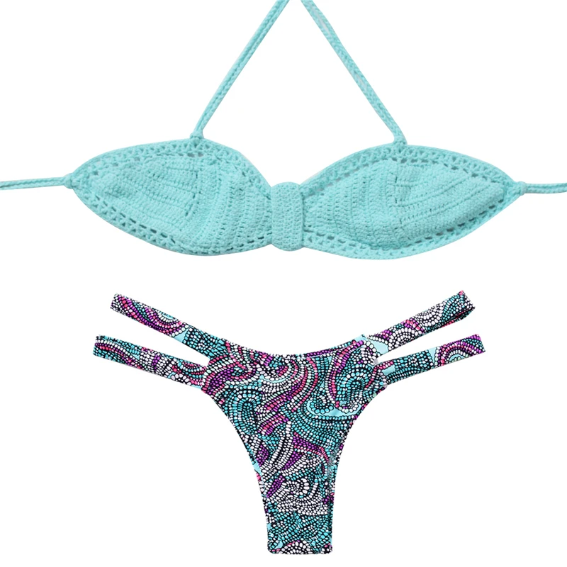 2019 Crochet Bikini Set Pure Handmade Top Sexy Swimwear Women Floral Print Biquini Swimsuit push up bikini set mujer feminino