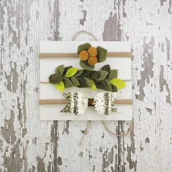 

Kinder Kuendy Girls Hairpins with Wool Small Ball Lovely Green Soft Leaf and Gold Glitter Big Bow Hair Band Set