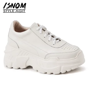 

ISNOM 2019 Spring Cow Leather Women Flats Round Toe Footwear Dorky Dad Female Platform Shoes Clunky Sneakers Shoes Woman White
