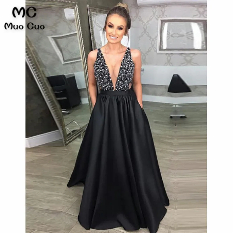 

Elegant 2018 A-Line Beaded Evening Prom dresses Long Vestidos de fiesta Floor Length Formal Deep V-Neck Beaded Evening Dress