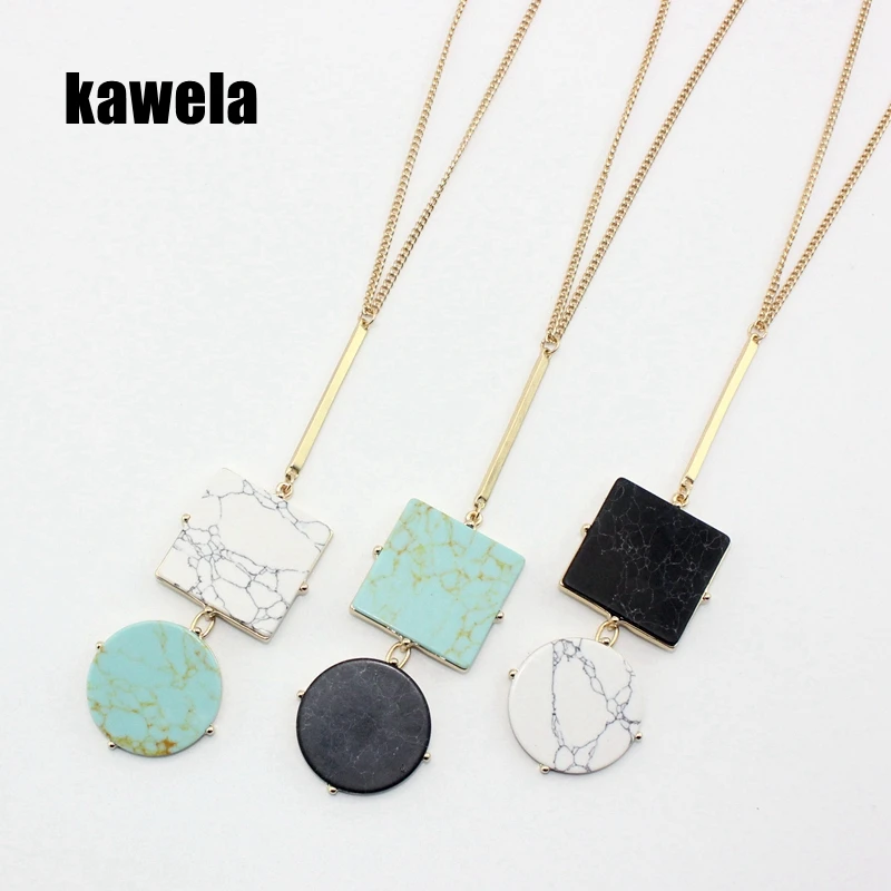 

Free Shipping New Fashion Simple Square Round Marble Stone Long Pendant Necklace