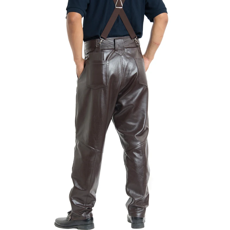 Brown Mens Luxury Cowhide Trousers Plus Size Loose Genuine Real Leather Pants Man Zippers Motorcycle Riding Pants Winter Warm