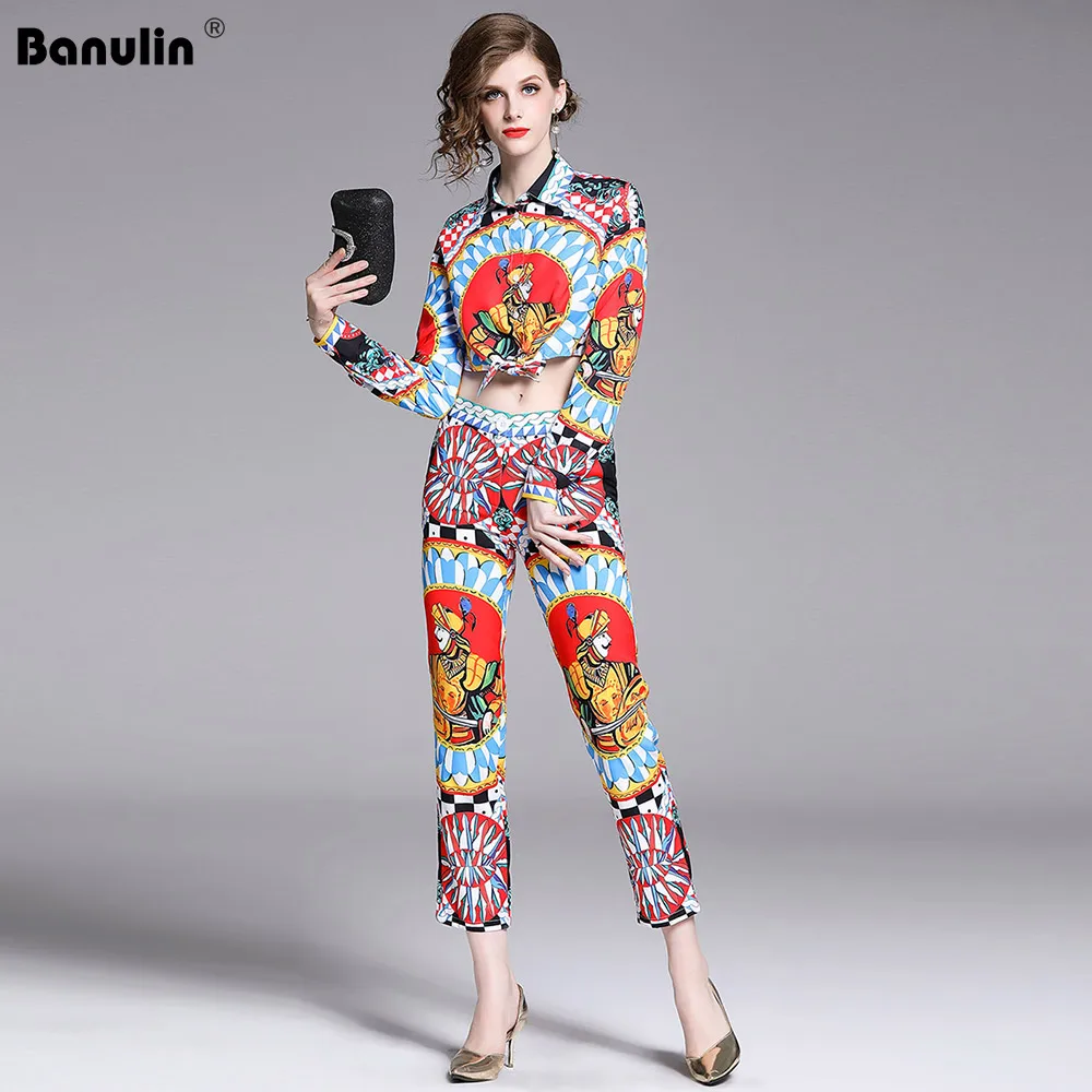 

Runway Designer Set 2019 Spring Summer Women Suits Long Sleeve Printed Crop Top Shirt +Lengging Pants Scarf 3 pieces Sets