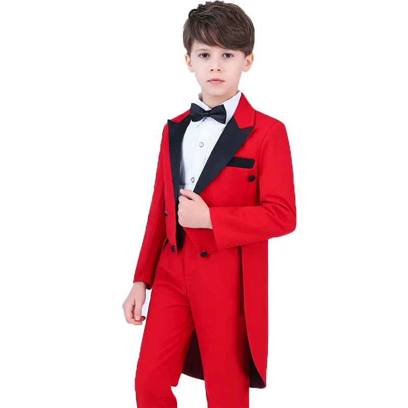 Нарядное платье для мальчиков смокинг, костюм для выступлений на фортепиано костюмы с цветочным узором для мальчиков на день рождения и свадьбу 5 предметов, пиджак+ рубашка+ брюки+ галстук, 4 предмета - Цвет: Red A 4Pcs