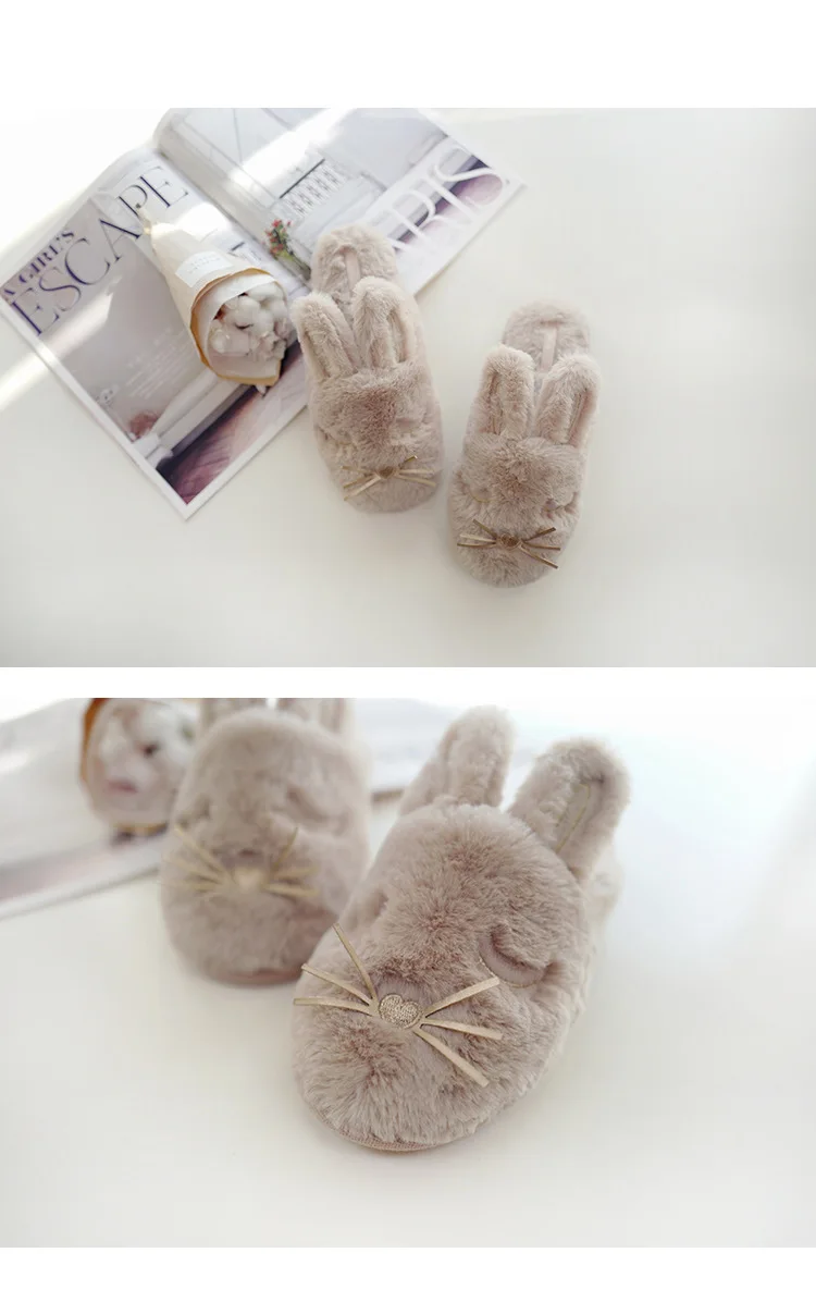 Милые зимние домашние тапочки с кроликом; женская обувь; милые короткие плюшевые тапочки с большими ушками; нескользящие женские тапочки из хлопка