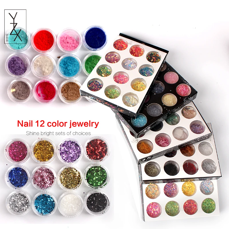

YZX 12pcs/set DIY Nails Art Stickers Shinny Sequins Make Up Decorations Colorful Line Dry Flowers Fine Velvet Powder Manicure