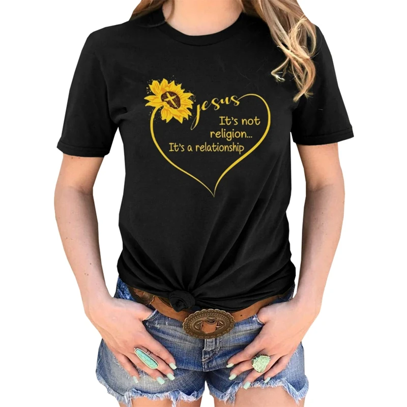 

Womens Fashion Love Pattern Sunflower Top Women Summer Short Sleeve Casual T Shirt Summer Tops Camiseta Mujer 2019