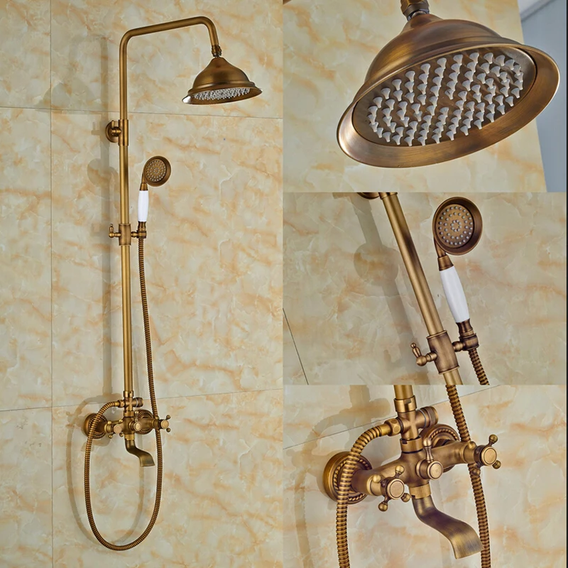 

Luxury Wall Mounted 8" Round Rain Shower Head Faucet Tub Spout Dual Handles Tub Spout Hand Shower