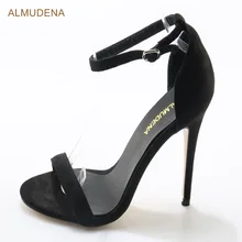 ALMUDENA/Популярные черные замшевые босоножки на ремешке в стиле знаменитостей; пикантные модельные туфли на шпильке; женская обувь с ремешком и пряжкой на щиколотке