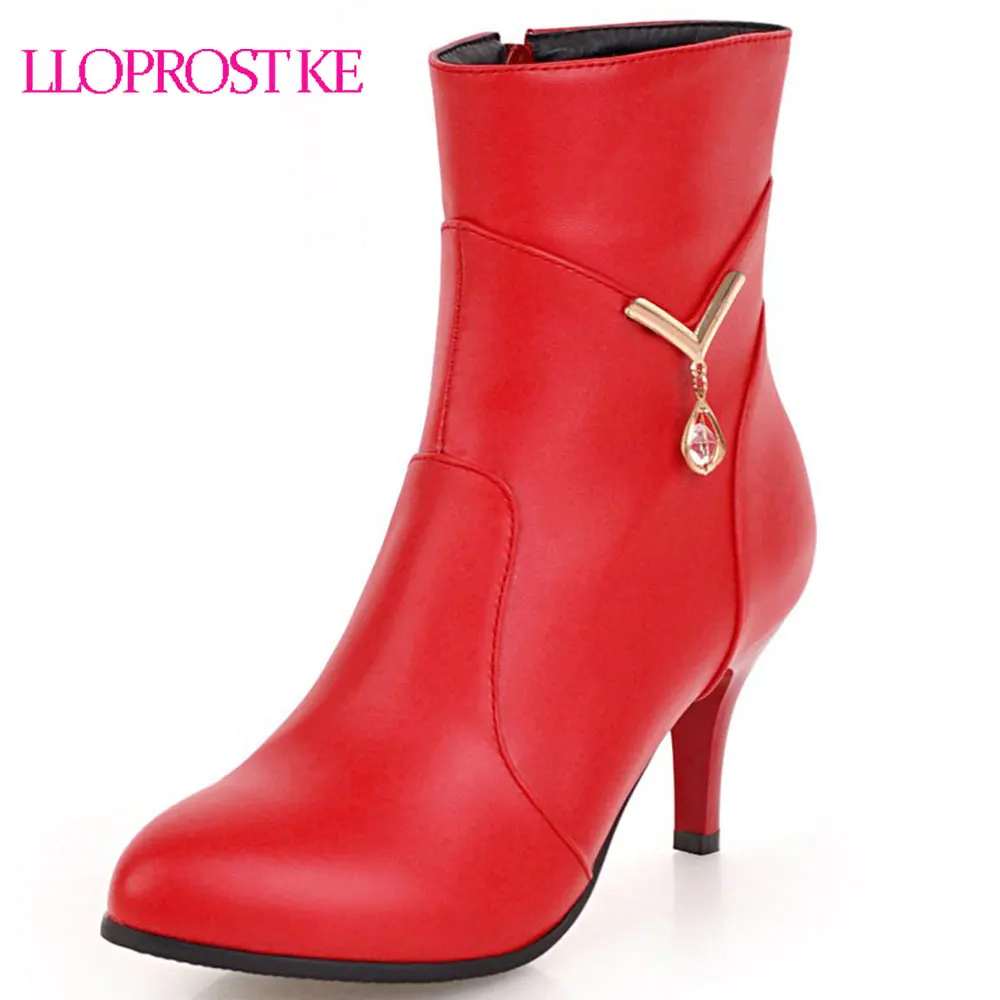 

Lloprost ke Autumn Black White Red Shoes Women High Heel Ankle Boots Concise Sexy Lady Thin Heels Short Boot Big Size 48 D209