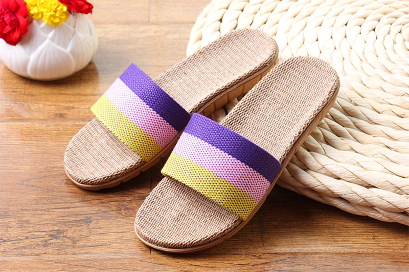 Summer Home Slippers Men Shoes Linen Flip Flops Striped Couples Slides Antiskid Indoor Slippers Flat Home Shoes Pantoufle Homme