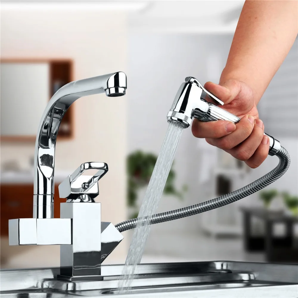 Centerset Contemporary Two Spouts Kitchen Faucet Deck Mounted Pull Out Sink Mixer Tap Chrome 360 Degree