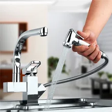Verkaufs-centerset Zeitgenössisch Zwei Tüllen Küche Wasserhahn Deck Montiert Ziehen Sink Mischbatterie Chrom 360 Grad Swivel