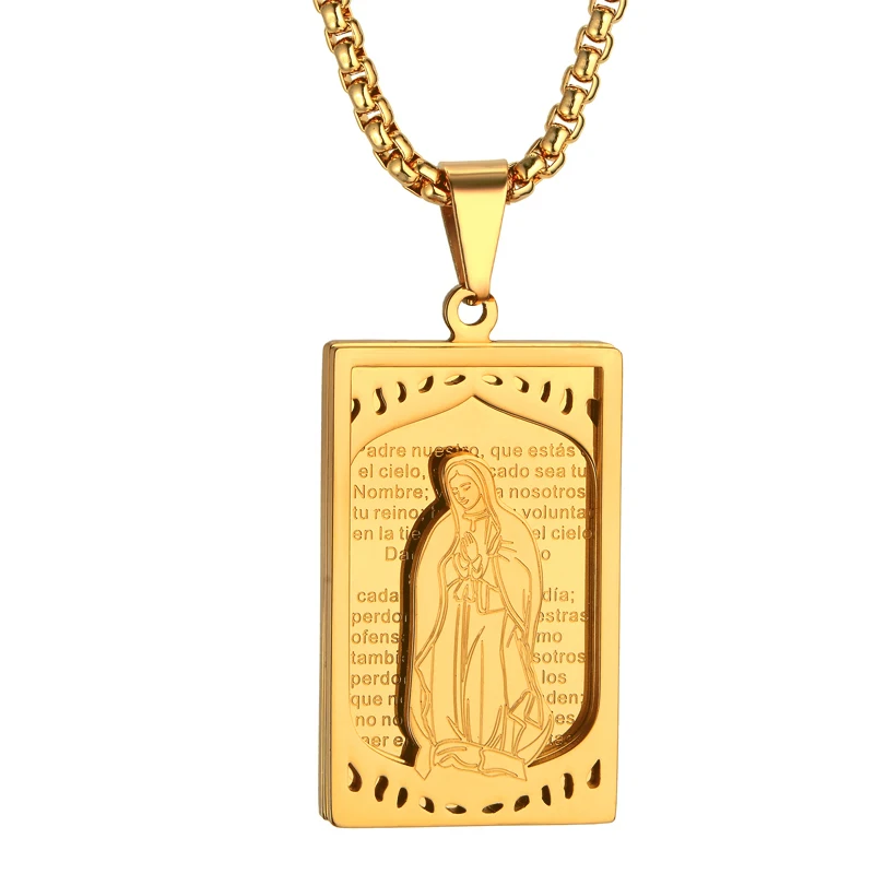 

Square Necklaces & Pendants For Women/Girls,Gold Color Stainless Steel Catholic Religious Virgin Mary Jewelry With Box Chain