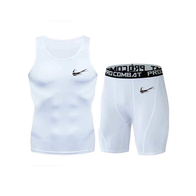 

New men's compression sleeveless vest + shorts stretch T-shirt gym clothes top fitness sportswear quick-drying clothes MMA