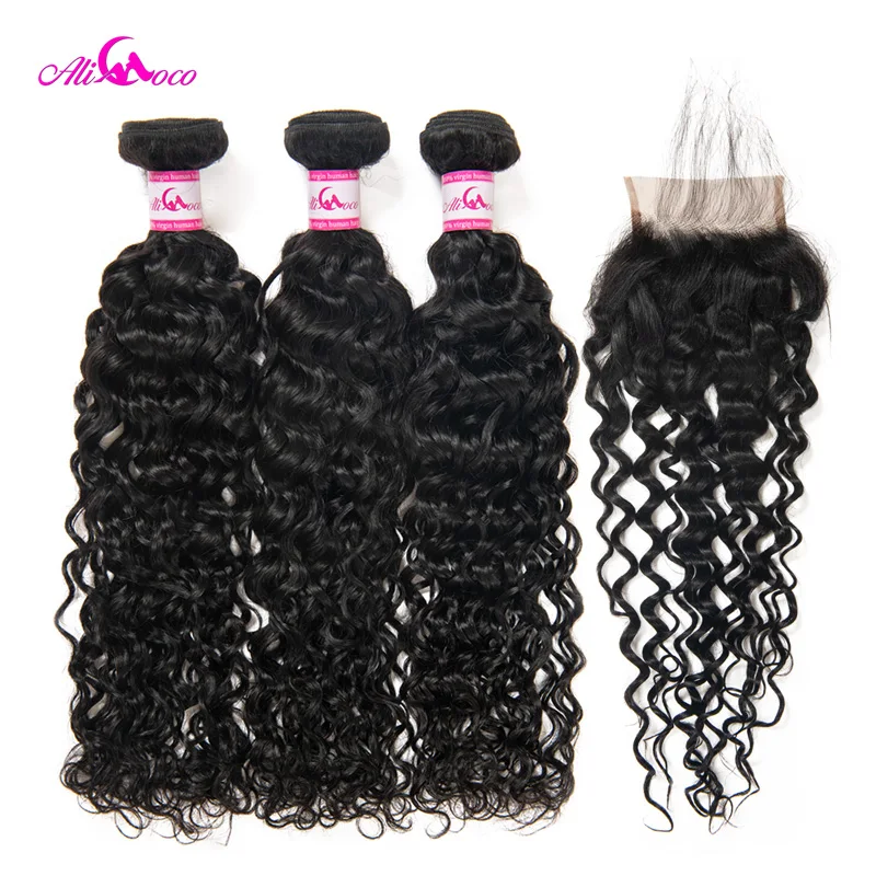 

Ali Coco Brazilian Water Wave Bundles With Closure 8-30 Inch Human Hair Weave 3 Bundles With Closure Natural Color Non Remy Hair