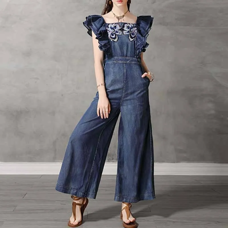 

[YaLee] New Fashion 2019 Summer Vintage Stitching Ruffles Embroidery Back Zipper Pockets Loose Denim Jumpsuits Women A724