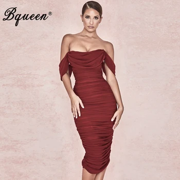 

Bqueen Sexy Off Shoulder Strapless Draped Women Party Dress Elegant Solid Split Knee Length Women Dress Vestidos 2019 New