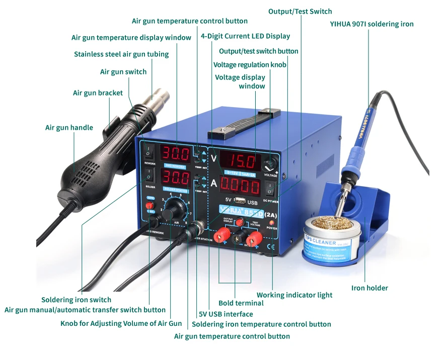 YIHUA 853D 1A SMD DC ПИТАНИЕ фена паяльник переделка спайки станция умный контроль температуры 853D 5A 853D