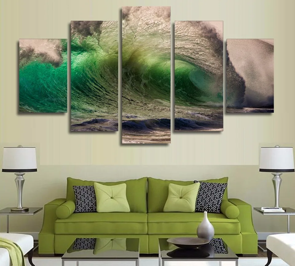 Living Room Home Decor Watercolor Modern Seascape Ocean Wave 5 Panel Canvas HD Painting Wall Art Print Poster Modular Pictures | Дом и сад
