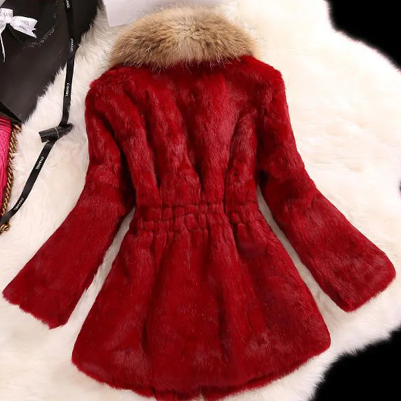 Новинка, зимнее длинное пальто с воротником из лисьего меха, Рекс, настоящий кролик, цельная кожа, шерстяное пальто, толстое меховое пальто для женщин, высокое качество