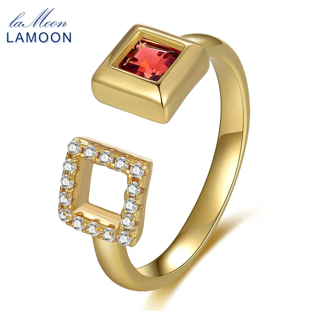 LAMOON S925 Silver Square Rings for Women 0.25ct 100% Natural Red Garnet Gemstone Ring Fine Jewelry Bijoux Wedding Band RI020