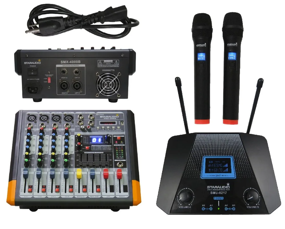 

STARAUDIO Pro 4 Channel Powered PA DJ Audio Amplifier Mixer Mixing Console W/ 2CH UHF Handheld Microphones SMX-4000B