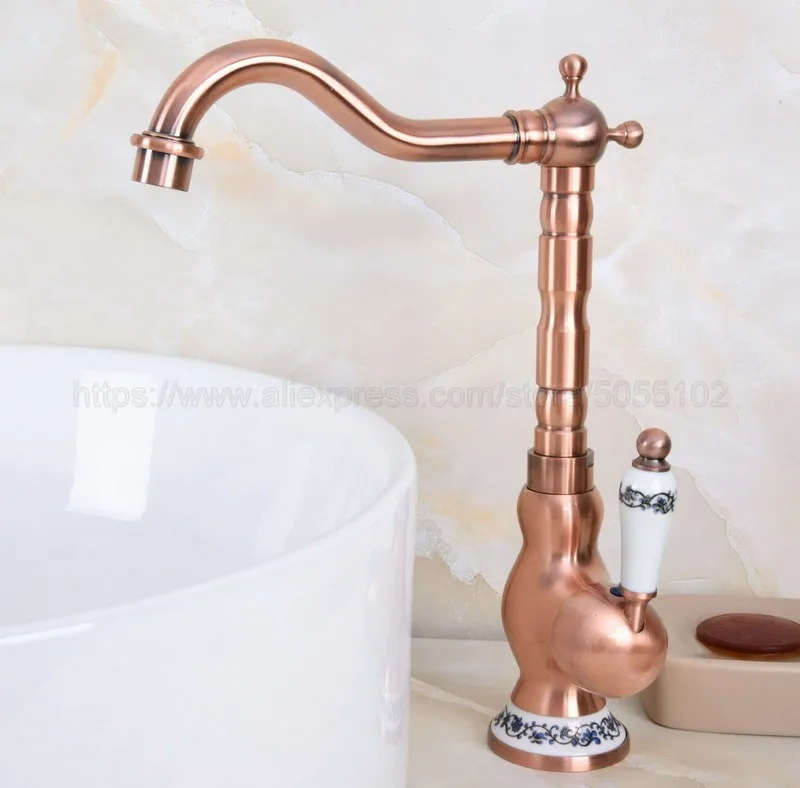 Antique Red Copper Deck Mounted Bathroom Basin Faucet Hot And Cold Bathroom Sink Mixer Taps znf638