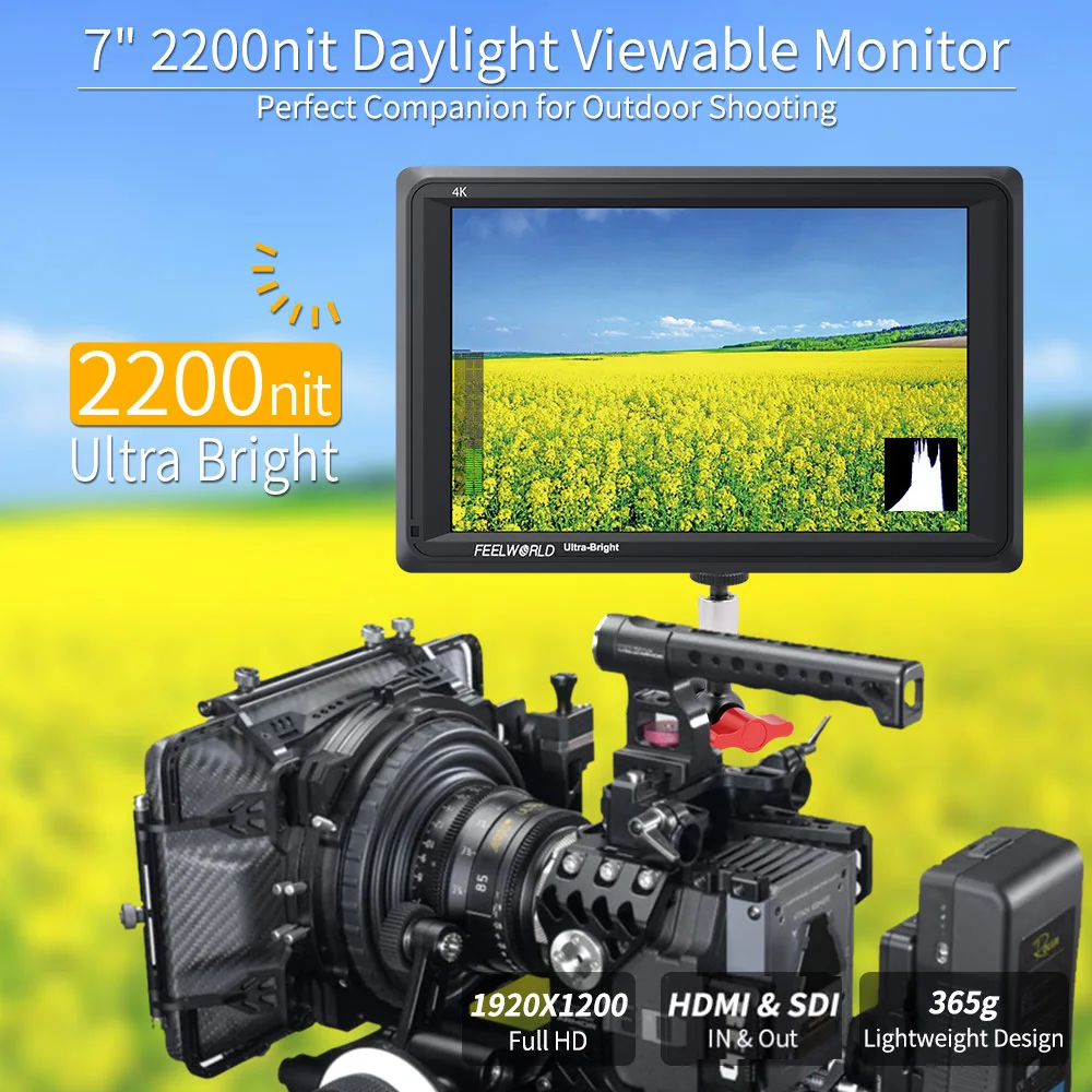 US $359.99 FEELWORLD 7 Inch IPS 2200nits Camera Field Monitor 3GSDI 4K HDMI 1920X1200 DSLR Video Monitor For Shooting FW279S With Battery