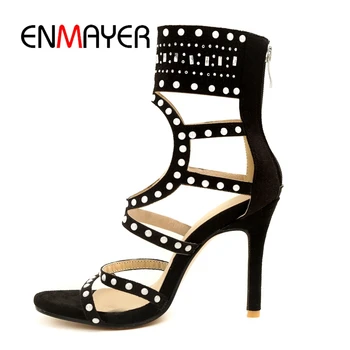 

ENMAYERNew Gladiator Women Sandals Black Shoes Open Toe Cross-tied High Heels Female Sandals Summer Bridal ZYL197