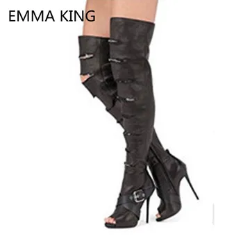

2019 Buckle Peep Toe Women Summer Over The Knee Boots Cutout Sexy High Heels Ladies Runway Shoes Woman Thigh High Knight Boots