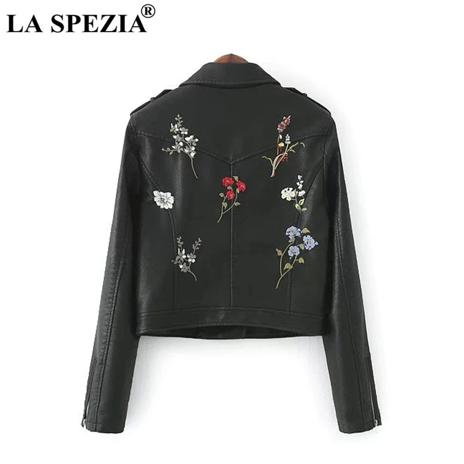LA SPEZIA Leather Jacket Women Pink Motorcycle Short Coat Female Biker Embroidered Flower Cool Zipper Pockets Autumn Punk Jacket